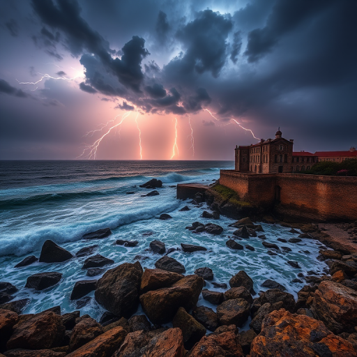 Dramatic coastal scene during a thunderstorm with lightning illuminating the sky, waves crashing against rocky shores and a historic building in the foreground, captured with a Canon EOS R5, 24mm lens, f/8, 1/125s, ISO 200, wide-angle view, HDR style for enhanced details.