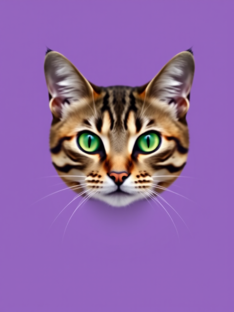 Create an image of a stylized tabby cat with striking green eyes, set against a soft gradient purple background, with high contrast and sharp geometric shapes, using a DSLR camera with an aperture of f/2.8, shutter speed of 1/250s, and ISO 100 for crisp detail and vibrant colors.