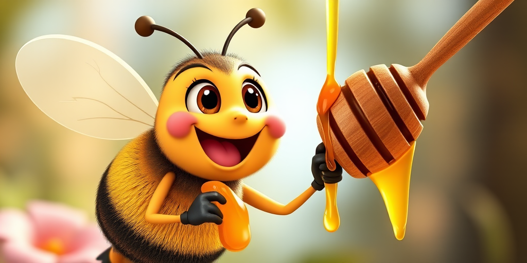 Create a vibrant and high-resolution cartoon image of a cheerful bee holding a honey dipper with honey dripping off it, using a Canon EOS 5D Mark IV, 85mm lens, f/2.8, ISO 100, natural lighting, and a shallow depth of field to enhance color saturation and clarity.
