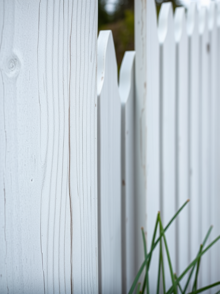 Create a high-resolution close-up image of a white wooden fence with detailed texture and grain, using a DSLR camera, 50mm lens, aperture f/2.8, shutter speed 1/125s, ISO 100, natural lighting.