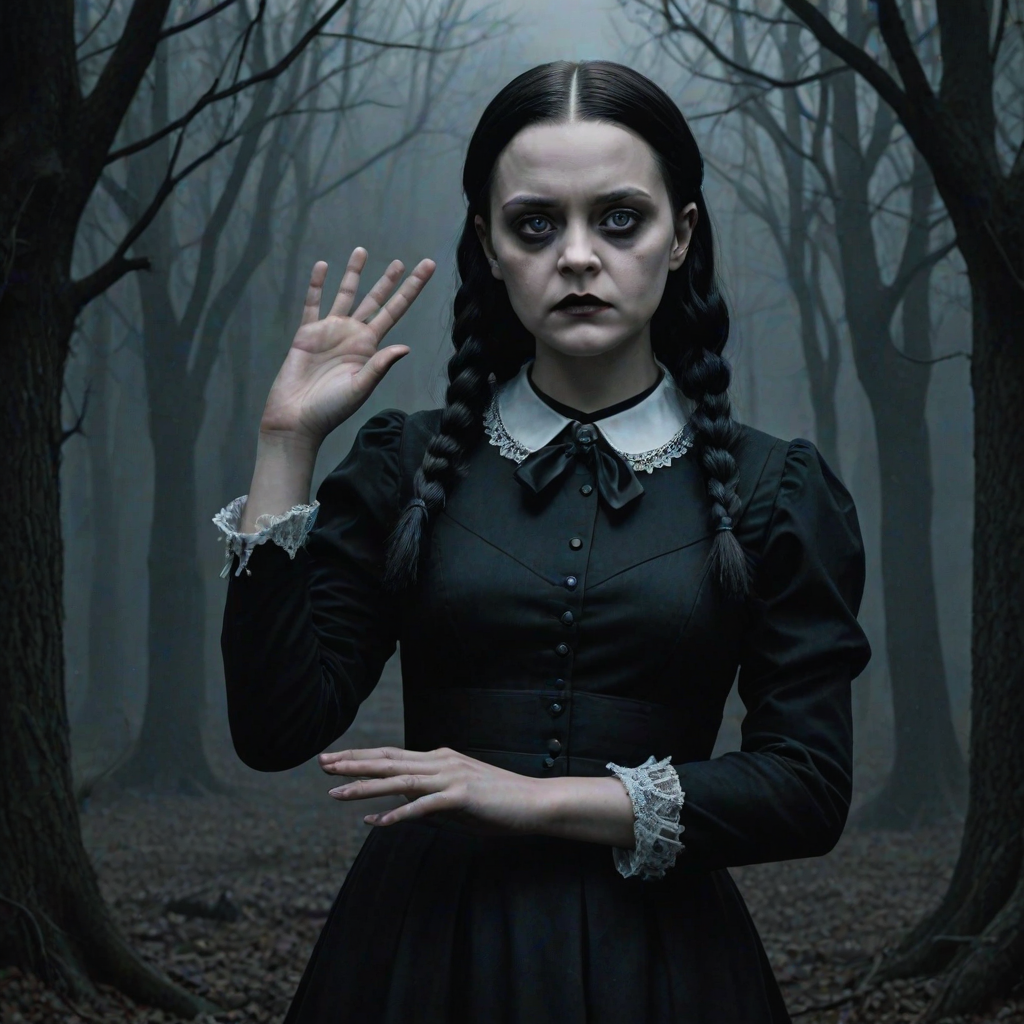 Digital art, full height portrait of Wednesday Addams, standing up with her hands in the air as if in a hold-up. Her dark, gothic attire replaces Alice’s classic blue dress, and she wears black shoes instead of blue. A small, neat black bow adorns her hair, capturing her signature style. The overall composition maintains a whimsical yet eerie tone, similar to Alice in Wonderland, while showcasing Wednesday’s iconic gothic charm.