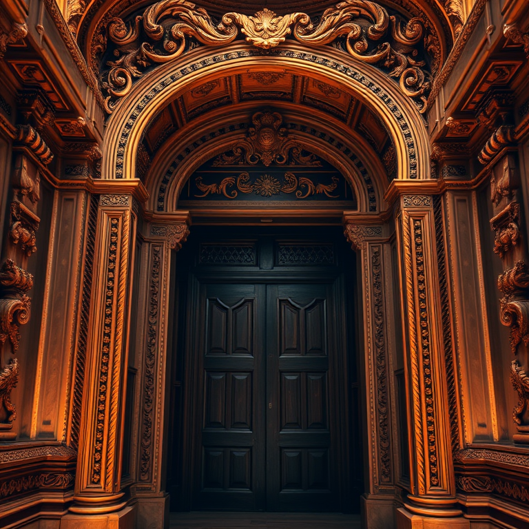 interior of an ornate architectural doorway with intricate carvings and a wooden door, warm lighting, wide-angle lens, f/8 aperture, ISO 200, 24mm focal length, soft focus background, high dynamic range imaging, full-frame DSLR