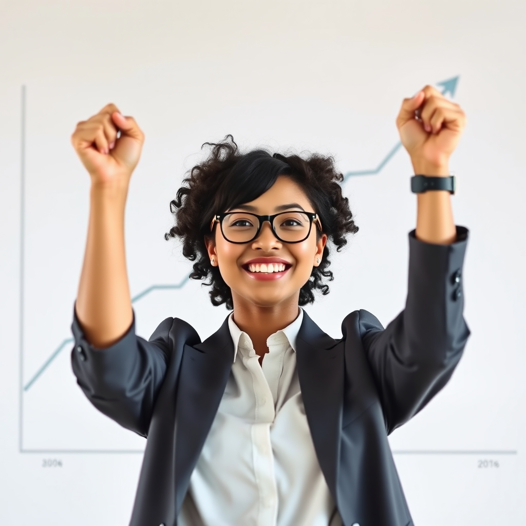 A young businesswoman celebrating success with raised fists in front of a line chart showing upward growth, minimalist background, soft lighting, shot with a Canon EOS R5, 50mm lens, f/1.8 aperture, ISO 100, natural light.