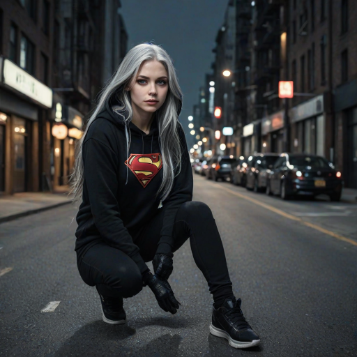 (long straight gray hair:1.2), (bright gray eyes:1.2), (Supergirl:1.2), (black hoodie:1.2), (hood up:1.2), (black half fingers gloves:1.2), (black tight pants:1.2), (black sneakers:1.2), 8k, professional photography, mesmerizing photo, intricate details, hyper realistic, (close shot:1.2), (city at night:1.5), (empty street:1.5), bleak tone, grim tone