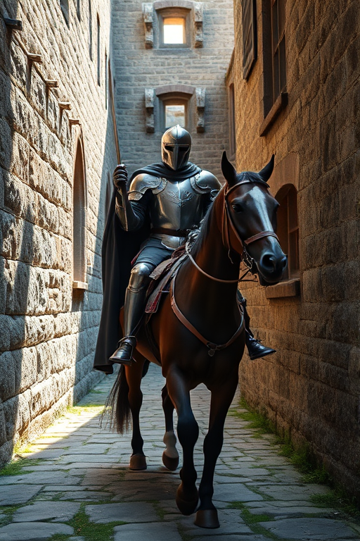 Regenerate an image of a knight in armor on horseback riding through a stone castle alley, shot with a Canon EOS 5D Mark IV, aperture f/8, shutter speed 1/250s, ISO 100, wide-angle lens, high dynamic range, natural lighting.