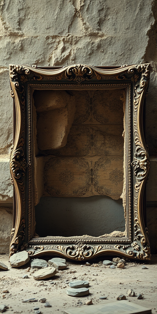 Create a hyper-realistic image of a vintage ornate frame partially destroyed, revealing textured layers of earth and stone behind it, with dramatic lighting, using a Canon EOS R5 with a 50mm f/1.2 lens, aperture set to f/2.8, ISO 100, and a soft-focus background for depth.