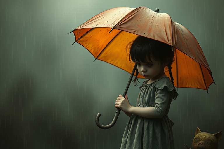 An eerie, weird little girl with dark hair in thin pigtails, wearing a smock dress, standing in the rain, holding a dirty orange umbrella, a small, odd creature beside her. In a surreal style inspired by Nicoletta Ceccoli and Brian Froud. Dark fantasy themes