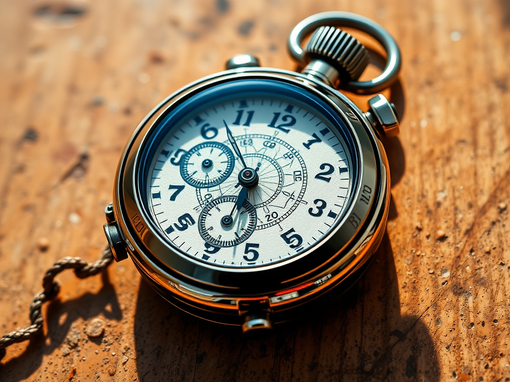 Create a detailed illustration of a stopwatch with intricate designs, high resolution, with a shallow depth of field, taken with a DSLR camera at f/2.8, ISO 100, and a 50mm lens from a top-down view, using natural lighting for enhanced shadows and highlights.