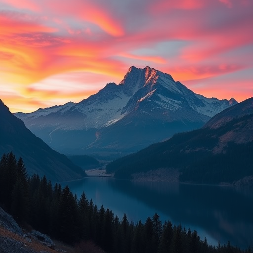 Create a high-resolution image of a serene mountain landscape at sunrise, with vibrant colors in the sky reflecting on a calm lake, shot from a wide-angle view using a DSLR camera with a 24mm lens, aperture set to f/8, ISO 100, and a shutter speed of 1/125 sec.