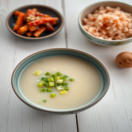 capture a well-lit image of a bowl of white soup with green onions, a small dish of kimchi, and a bowl of pink rice on a textured white wooden surface, use a DSLR camera with a 50mm lens, aperture f/4, ISO 200, and a shutter speed of 1/60s, focus on a shallow depth of field to enhance the food's details and colors
