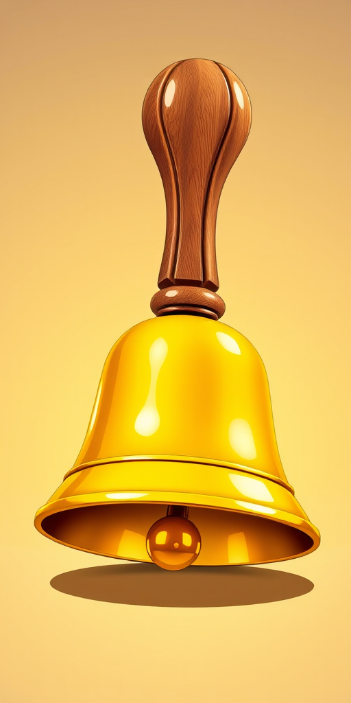 Create a vibrant and detailed illustration of a shiny yellow bell with a wooden handle, using a DSLR camera with an aperture of f/2.8, a shutter speed of 1/125s, in a studio setting with softbox lighting to enhance reflections and textures.