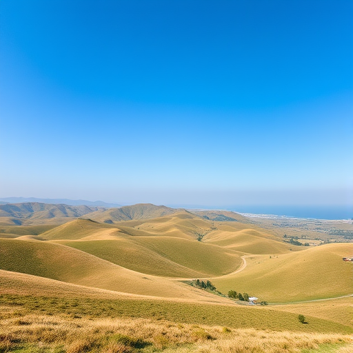 Create a high-resolution image of a serene landscape featuring rolling hills under a clear blue sky, captured with a Canon EOS R5, 35mm lens, f/8 aperture, ISO 100, in soft natural light, wide-angle view.
