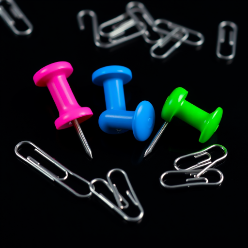 Create a vibrant illustration of three colored thumbtacks (pink, blue, green) surrounded by silver paperclips on a black background, using a digital art style with high contrast, 4K resolution, and a lightbox effect for added depth, simulating a Canon EOS 5D Mark IV with a 50mm f/1.8 lens at f/8, ISO 100, and 1/250 sec shutter speed.