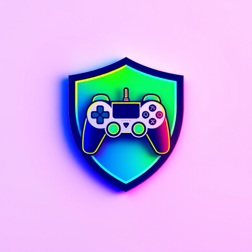 design a modern and vibrant gaming logo featuring a shield and a game controller in the center, flat design style, vibrant colors, 4k resolution, taken with a DSLR camera at f/1.8, ISO 100, 50mm lens, top-down view, studio lighting