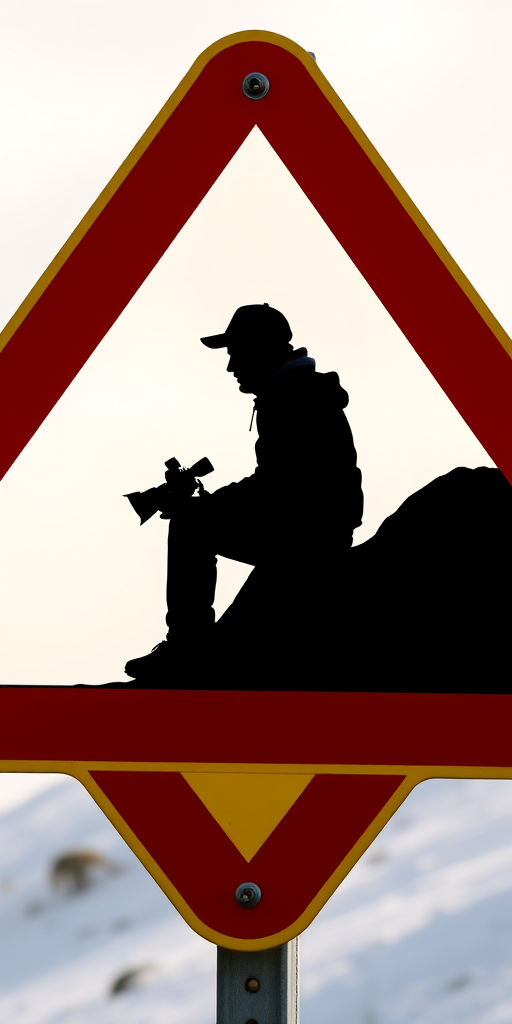 Create a high-resolution image of a caution sign featuring a silhouette of a person sitting with a camera, wearing a hat, on a slope with a shovel, in a triangular red and yellow design, photography style, taken with a DSLR camera, aperture f/8, ISO 100, 50mm lens, soft natural lighting, centered view.