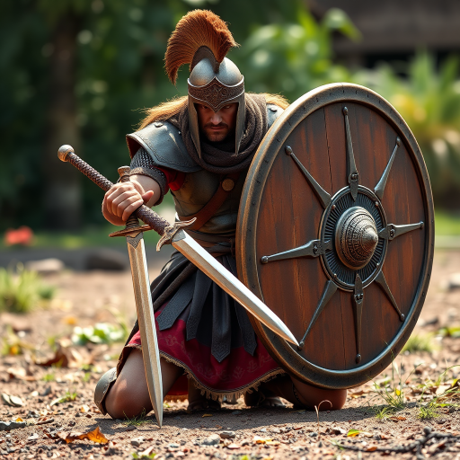 Create a high-resolution, dynamic pose of an ancient warrior kneeling with a sword in one hand and a large shield in the other, using a DSLR camera with a 50mm lens, aperture set to f/1.8 for shallow depth of field, ISO 100 for sharpness, and a natural light setting to enhance details and textures.