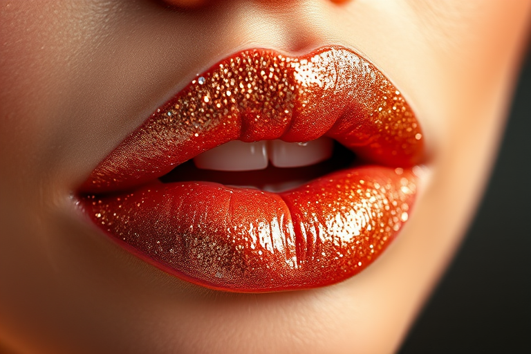 Glittering rose gold lips catching the light, three-dimensional texture with micro-shimmer, plush and pillowy appearance, glamorous and eye-catching Champagne Fizz Glitz style