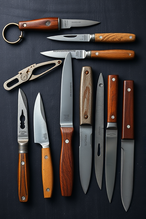 High-resolution still life of an arrangement of vintage tools and knives on a dark textured background, captured with a DSLR camera, 50mm lens, f/2.8 aperture, ISO 100, natural lighting, top-down view, shallow depth of field.