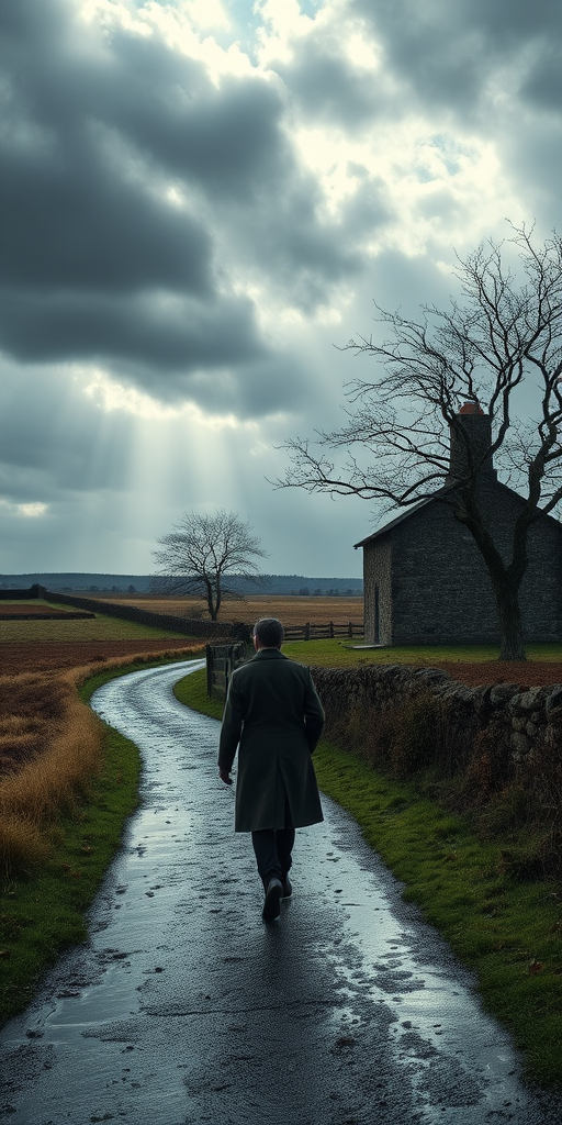 Create a landscape scene depicting a solitary figure in a long coat walking along a rain-soaked path with an old stone house and a barren tree on the side, under a dramatic cloudy sky with rays of sunlight breaking through, captured with a DSLR camera using a 24mm lens, f/8 aperture, ISO 200, at a slight tilt to enhance perspective.