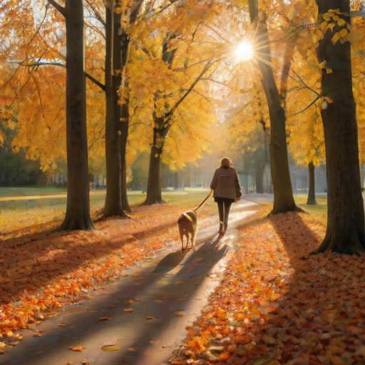 Colorful autumn landscape, with leaves falling gently from trees, a woman walking her dog along a leaf-strewn path, and the sun shining warmly through the branches.