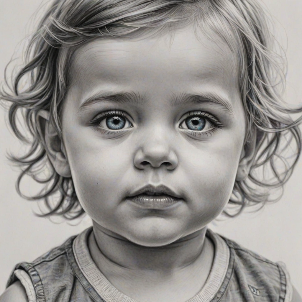 A hyperdetailed photorealistic black and white sketch of a beautiful toddler with deep cyan eyes, with a macro focus