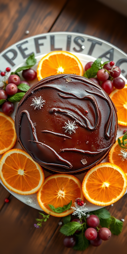 High-angle view of a chocolate cake surrounded by orange slices, grapes, and festive garnishes, shot with a DSLR camera at f/2.8, ISO 100, 1/60 sec, with a shallow depth of field and natural lighting to enhance colors and textures.