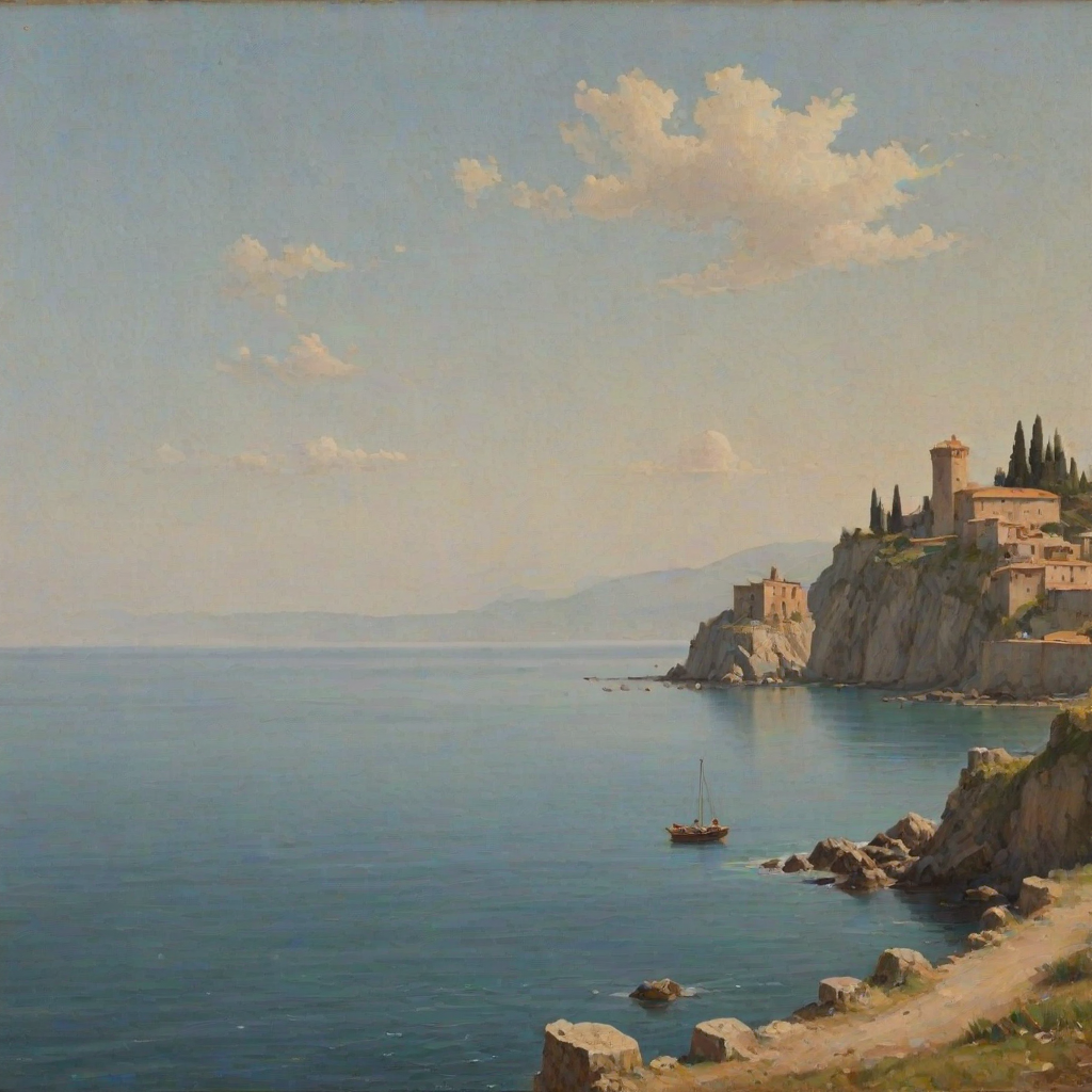 (italian seascape,sea),distant small mediaval italian castle,soft colours,
