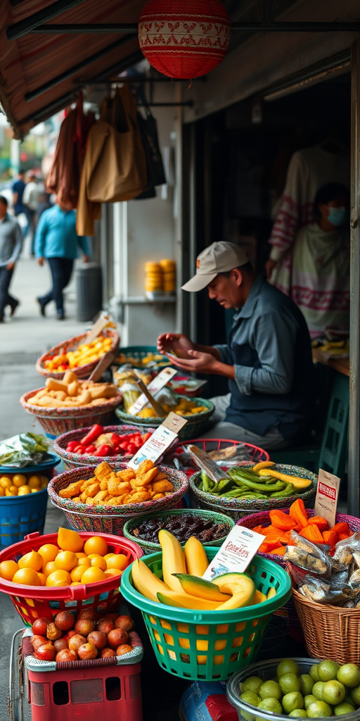 capture a street vendor selling snacks with colorful baskets full of fruits and snacks, taken from a high angle with a 50mm lens, aperture f/2.8, ISO 200, using a DSLR camera, in soft natural light to enhance details and textures