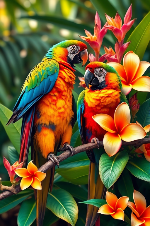 create an image of two colorful parrots perched on branches beside a cluster of tropical flowers with vibrant foliage in a bright and detailed setting