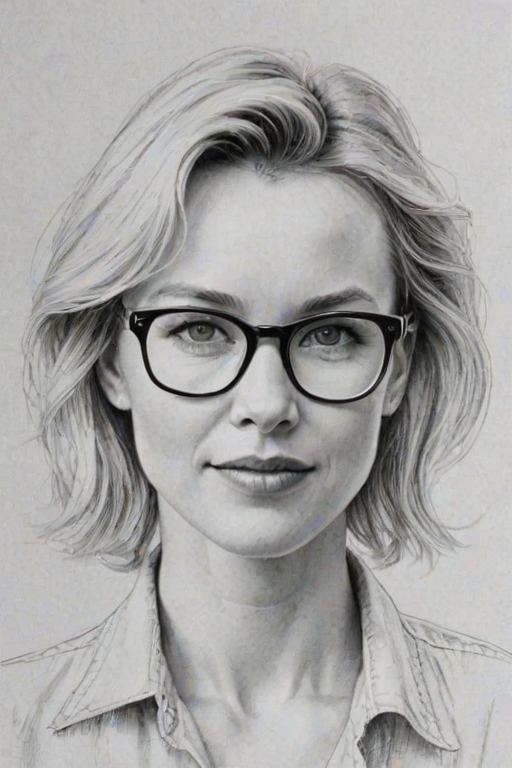Charming Naomi Watts, pencil sketch, portrait of Wonderful woman 1980s in glasses, hair style beatnik, outline, clear lines, fine lines, 8k