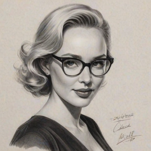 Magnificent Candice King, pencil sketch, portrait of Sublime woman 1950s in glasses, hair style beatnik, outline, clear lines, fine lines, 8k