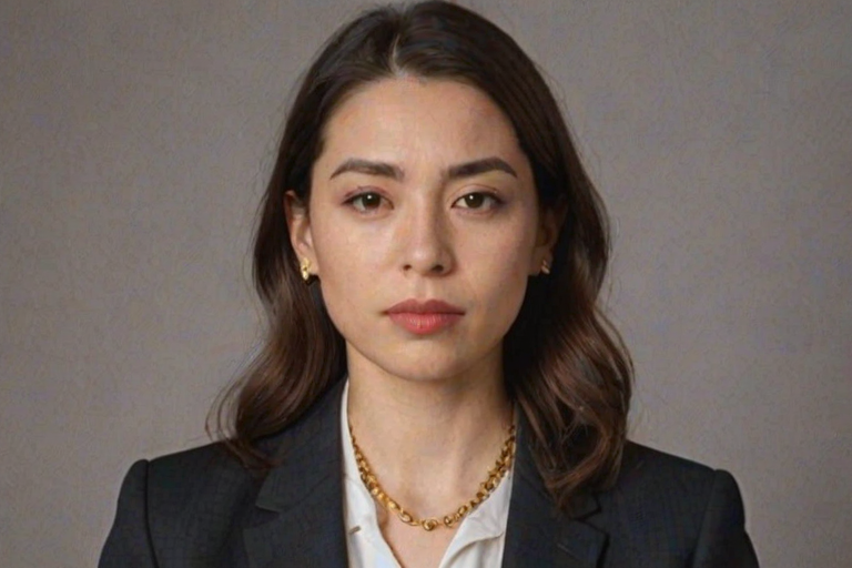 High quality passport photo of a woman wearing a suit and tie looking directly at the camera with her mouth closed and a neutral expression. She is also wearing a delicate gold chain and some understated diamond earrings.