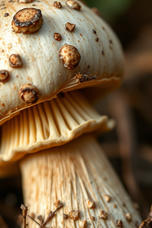 A detailed illustration of a mushroom with distinct spots and a textured stem, captured with a macro lens, f-stop at f/2.8, ISO 100, 50mm focal length, natural lighting for enhanced texture and clarity.