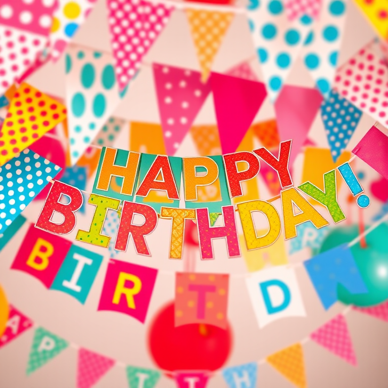 Colorful birthday bunting with various flag patterns and designs, "HAPPY BIRTHDAY!" text in vibrant letters, bright and cheerful atmosphere, shot with a DSLR camera, aperture f/4, ISO 100, 50mm lens, top-down view, high saturation for enhanced color vibrancy.