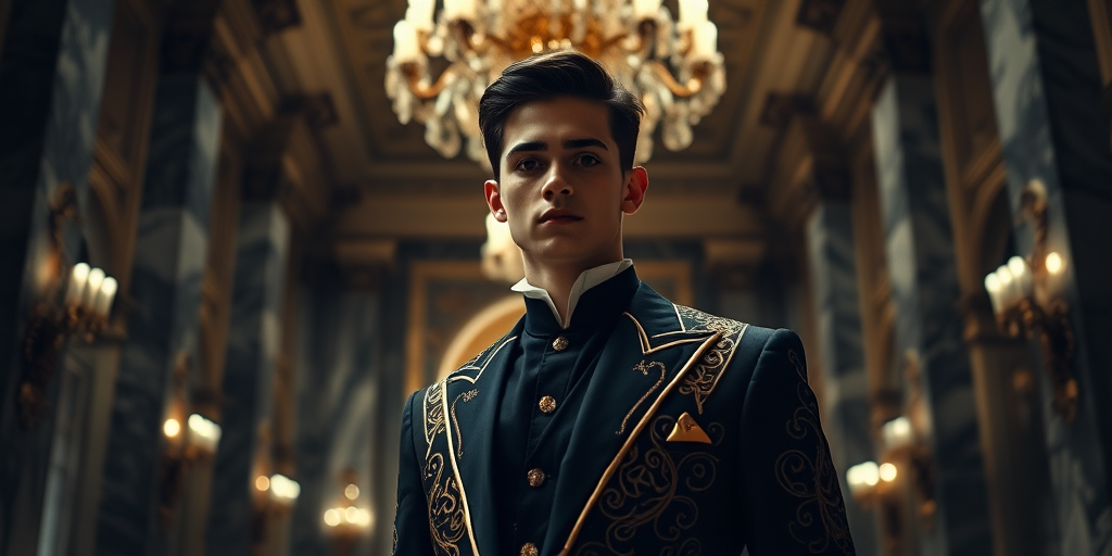 A young man in a richly detailed, ornate black and gold suit with a high collar, standing confidently in a grandiose, dimly lit palace interior with marble columns and chandeliers, captured with a Canon EOS R5 camera, 50mm lens, f/1.8 aperture, ISO 100, shutter speed 1/125s, cinematic style, low-angle view, high dynamic range.