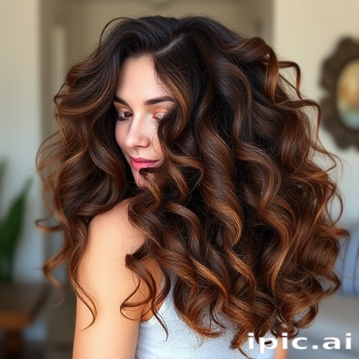 Luscious chocolate brown curls with caramel balayage highlights, styled in voluminous ringlets that frame the face and tumble down the back, embodying a romantic and whimsical charm known as Cocoa Cascade