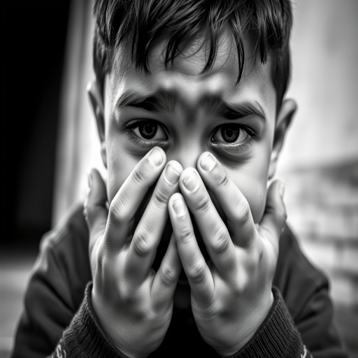 Create a black and white portrait of a boy with his hands covering his face, using a shallow depth of field, aperture f/1.8, shutter speed 1/125s, ISO 100, natural light, with a soft focus background, taken from a low angle to emphasize emotion and create dramatic shadows.