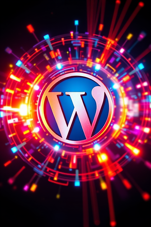 Create an abstract digital artwork featuring the WordPress logo surrounded by vibrant, colorful light effects and technological elements in a dark background, with a 50mm lens, f/1.8 aperture, ISO 100, capturing a dynamic high-contrast view using a digital SLR camera.