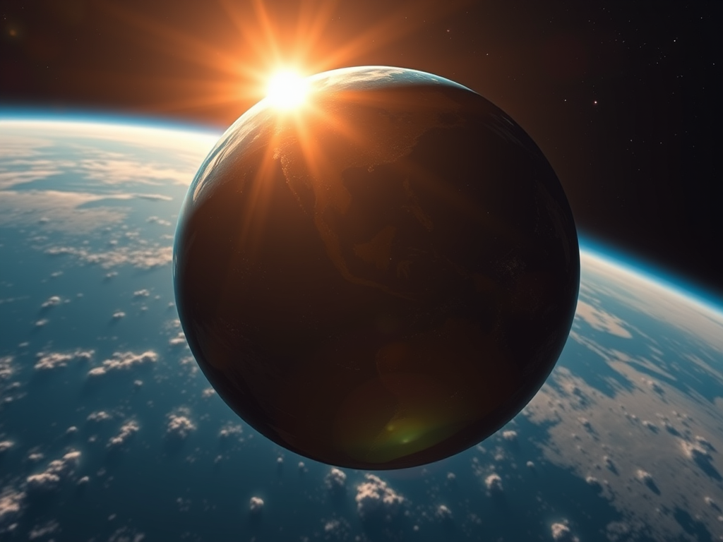 Regenerate an image of Earth from space with the sun rising over the horizon, high-resolution, captured with a DSLR camera at ISO 100, f/11, 1/200 sec, wide-angle lens, and a slight vignette effect for enhanced depth.