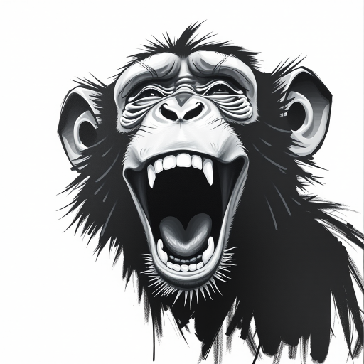 Abstract black and white acrylic portrait of an over exaggerated laughing (monkey). Minimalism style. White background.