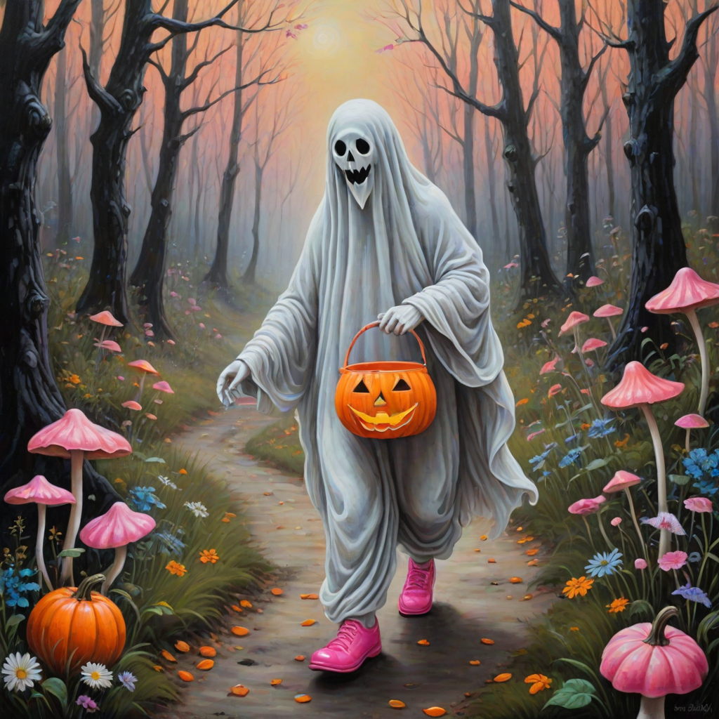 whimsical acrylic and oil painting, 3D, of a ghost, walking and carrying an orange pumpkin bucket and a lantern in the other hand, with bright pink croc shoes, background path in the enchanted forest, wildflowers, colorful mushrooms misty hues of black and orange with bright gold glitter, ultra detailed..Inspired by a prompt from another group