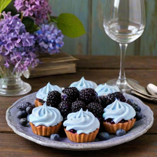 Generate an image of a beautifully arranged dessert platter featuring light blue meringue nests topped with blackberries, blueberries, and delicate purple flowers. The platter should have an ornate, vintage design, set against a rustic background with decorative glassware and wooden elements.