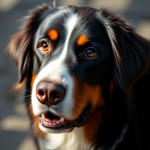 A high-resolution portrait of a Bernese Mountain Dog with a focus on its expressive face and shiny coat, captured in natural daylight using a DSLR camera with a 50mm lens, aperture set to f/1.8, ISO 100, and a slight vignette effect to enhance depth.