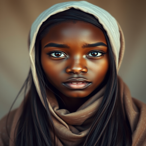 Create a portrait of a young African American female with long, dark hair and captivating hazel eyes. She is wearing a white headscarf and a matching scarf draped gracefully around her neck. The background is softly blurred, focusing attention on her serene and natural expression. The overall color palette is muted and warm, enhancing the intimate and authentic feel of the portrait.