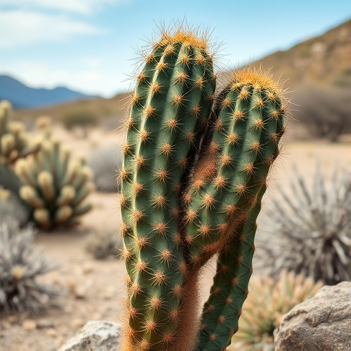 Generate a high-resolution image of two intertwined cacti in a desert landscape, taken with a DSLR camera at f/4.0, ISO 100, shutter speed 1/200 sec, with a macro lens to highlight details, in soft natural lighting, capturing a close-up view to enhance texture and contrast.