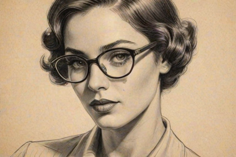 Appealing Ciara, pencil sketch, portrait of Sublime woman 1930s in glasses, hair style beatnik, outline, clear lines, fine lines, 8k