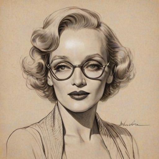Resplendent Marlene Dietrich, pencil sketch, portrait of Graceful woman 1922s in glasses, hair style beatnik, outline, clear lines, fine lines, 8k