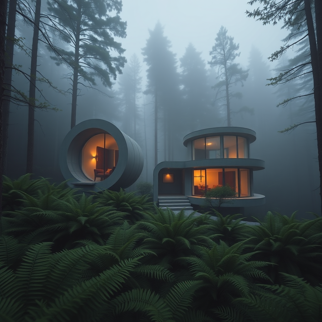 a modern concrete house set in a lush foggy forest, featuring circular structures with large glass windows, surrounded by ferns and trees, shot with a Canon EOS R5, 35mm lens, f/2.8, ISO 200, soft focus background for depth, twilight lighting for a magical atmosphere