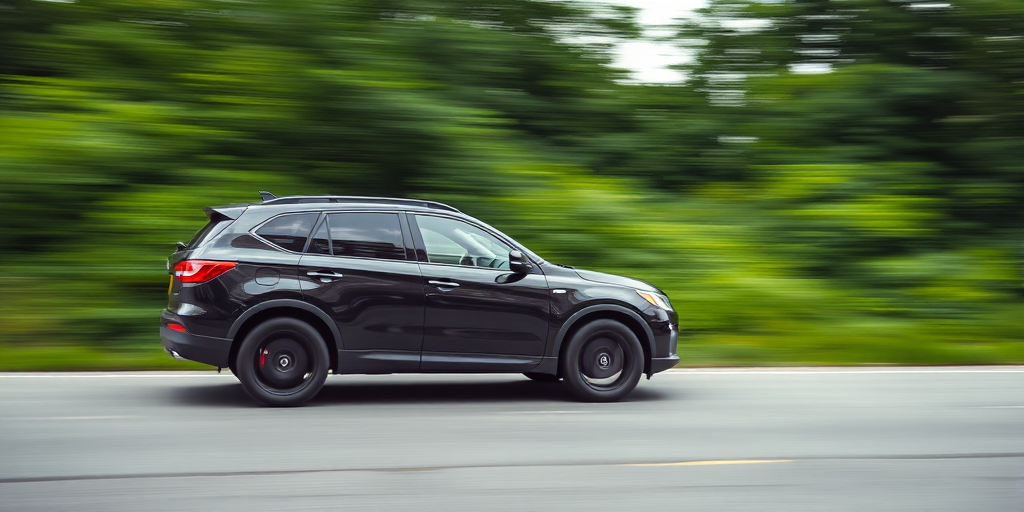 Capture a dynamic side view of a black SUV in motion on a blurred road, using a fast shutter speed of 1/1000s, aperture of f/4, ISO 200, at a focal length of 50mm, utilizing a DSLR camera with a panning technique to emphasize speed against a lush green background.