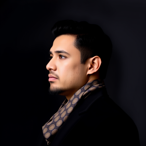 Portrait of a man in a black suit with a patterned scarf, side profile view, soft lighting, camera settings: ISO 100, aperture f/2.8, shutter speed 1/125s, using a DSLR camera with a 50mm lens.